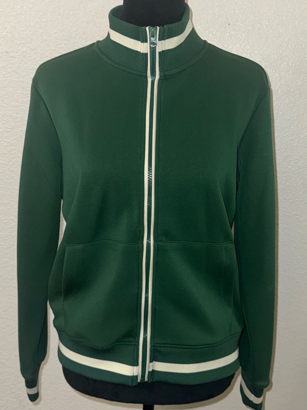 Mono B Forest Green Zip-Front Track Jacket with White Trim